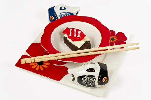 Pączek sushi zestaw w stylu japońskim płyta z pałeczkami — Zdjęcie stockowe