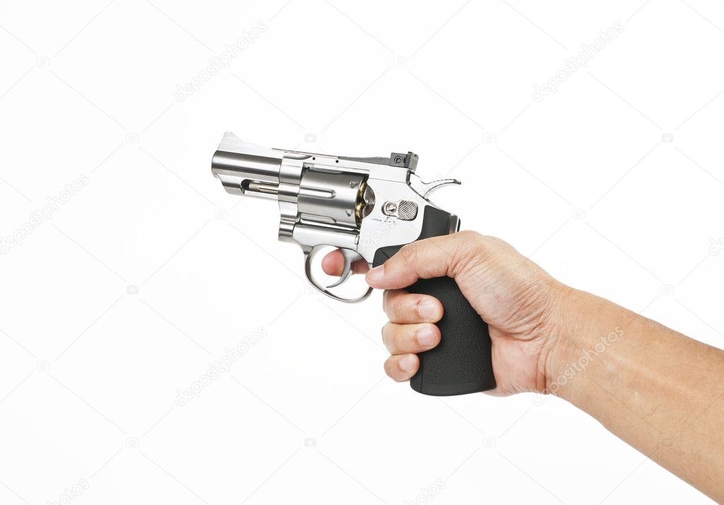 Pointing gun and preparing for shooting isolated on white background