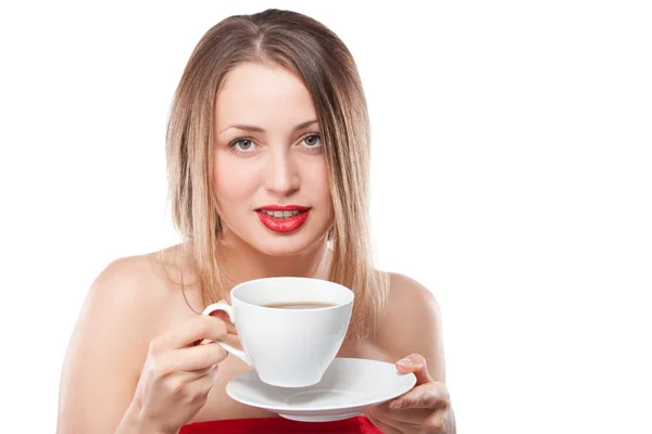 Junge attraktive blonde Frau trinkt Tee — Stockfoto
