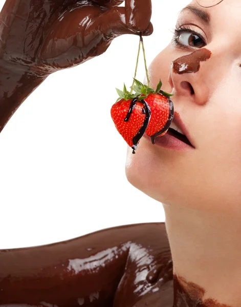 Woman covered sweet chocolate with strawberry — Stock Photo, Image