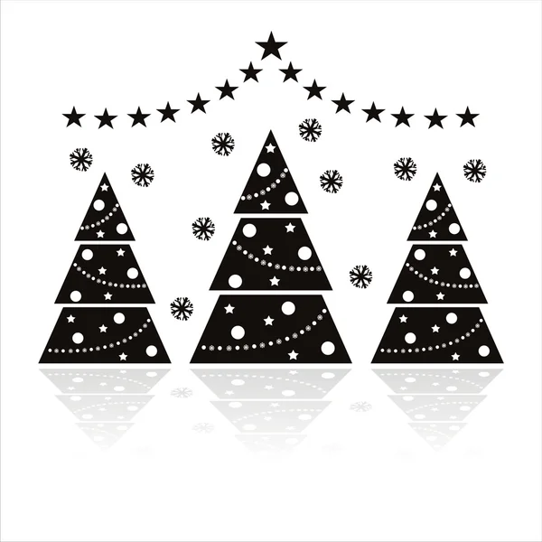 Kerstbomen met sterretjes en Zwarte sneeuwvlokken — Stockvector