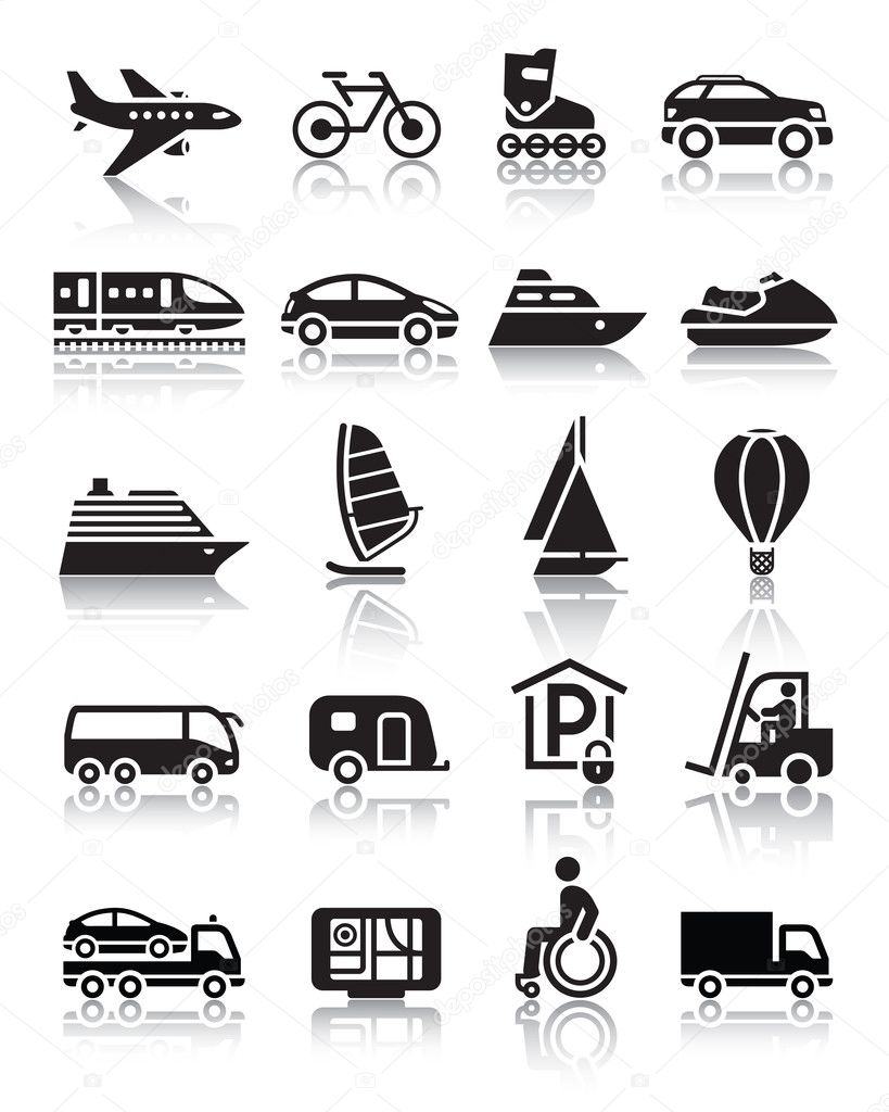 Set of simple transport icons with reflection