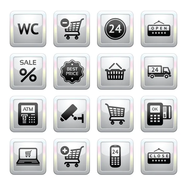 Set Piktogramme Supermarkt Dienstleistungen, Shopping-Symbole. Grau. Web 2.0 Symbole — Stockvektor