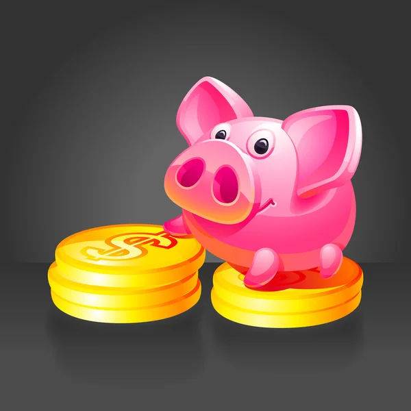 Pink piggy bank with gold coins. Black background. — Stock Vector