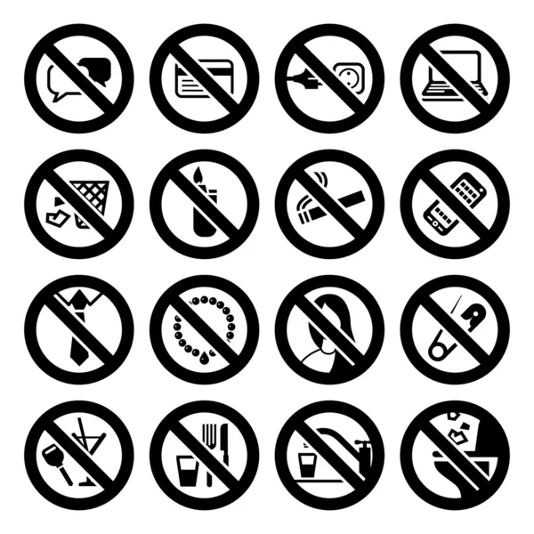 Establecer iconos, símbolos prohibidos, carteles negros de oficina — Vector de stock
