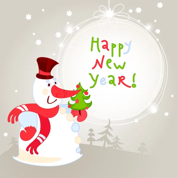 Снеговик с елкой - поздравительная открытка. 10eps — стоковый вектор