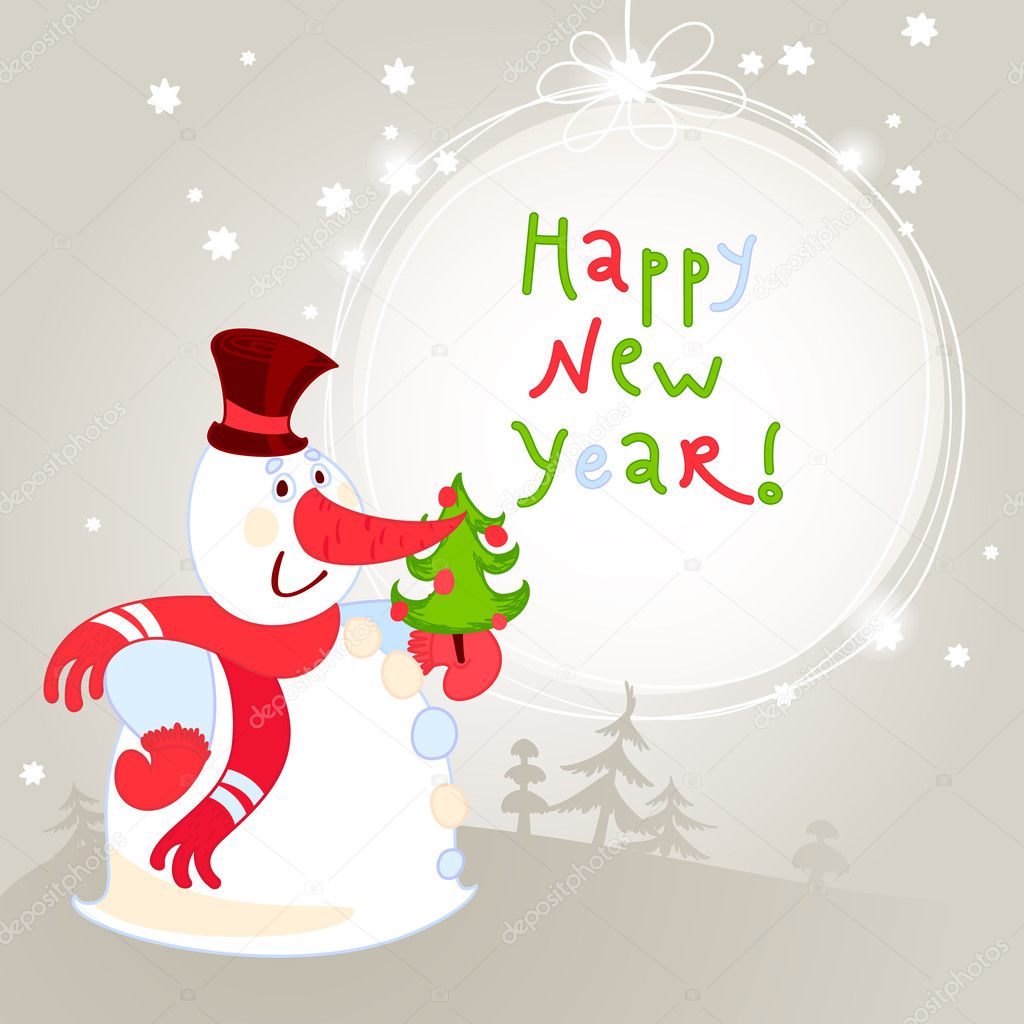 Snowman with Christmas tree - greeting card. 10eps