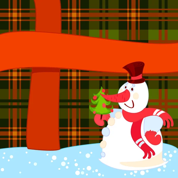 Snögubbe med julen träd nära en stor present — Stock vektor