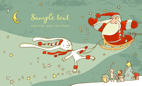 Άγιος Βασίλης και λευκός λαγός. Χριστουγεννιάτικη κάρτα — Διανυσματικό Αρχείο