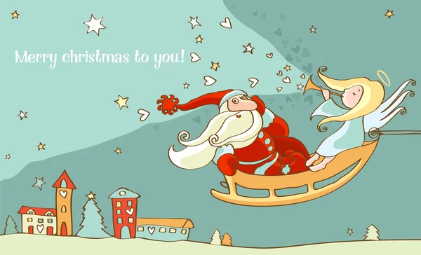 Санта Клаус и рождественский ангел в санях. Новогодняя открытка — стоковый вектор