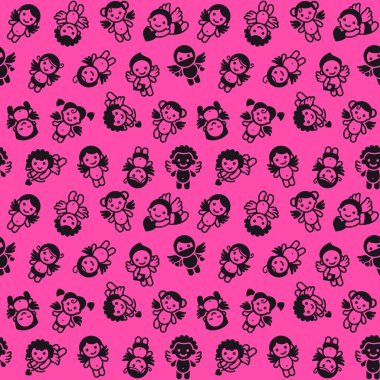 Cupids set, black on pink background, wrapping paper clipart