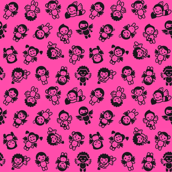 Cupids set, black on pink background, wrapping paper — Stock Vector