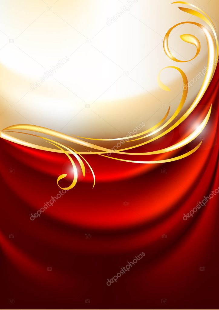 Red fabric curtain on gold background
