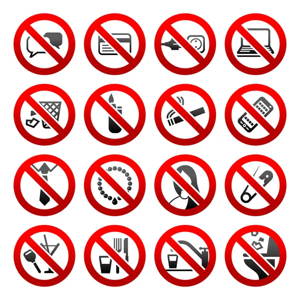 Establecer iconos Símbolos prohibidos Signos negros de oficina — Vector de stock
