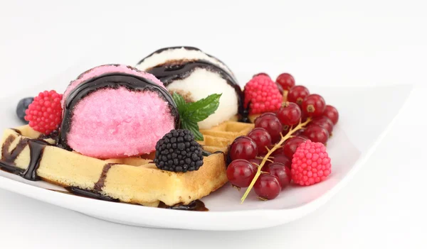 Gaufre à la vanille et crème glacée aux fraises — Photo