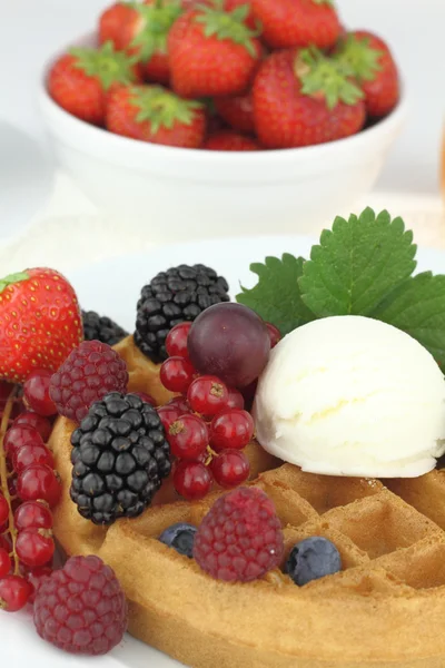 Waffle with vanilla ice cream — Stock Photo, Image