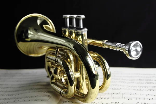 Trompet met muziek blad — Stockfoto