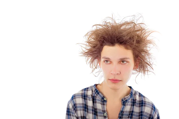 Félelmetes frizurával elszigetelt fikarcnyi vicces fiatalember portréja — Stock Fotó