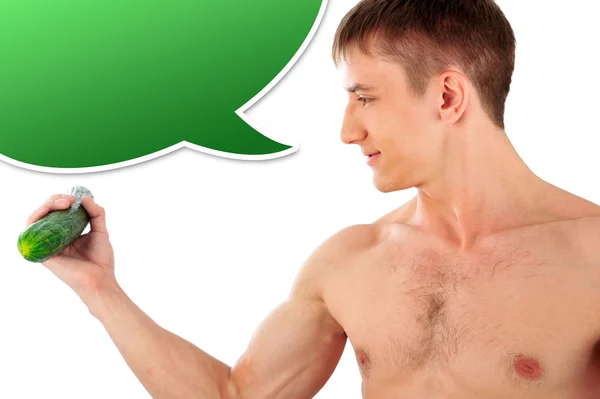 Portrait Of Muscular Young Man holding cucumber and doing exerci — Stock Photo, Image