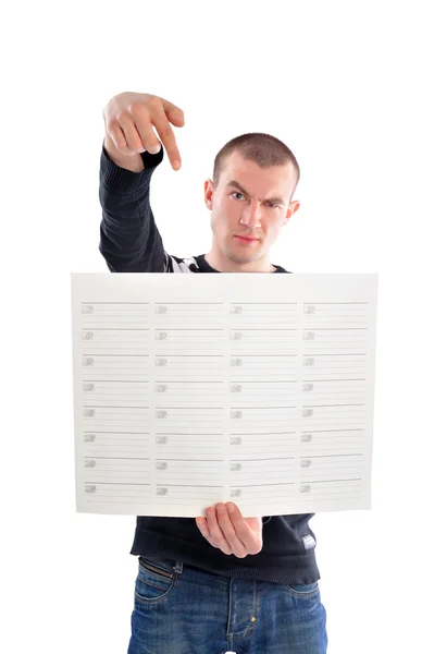 Closeup portrait of modern businessman holding planing blank in — Stock Photo, Image