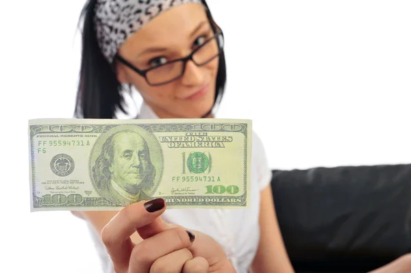 Retrato de mulher de negócios muito jovem com algum dinheiro em dinheiro — Fotografia de Stock