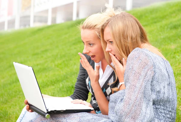 Porträtt av två leende kvinnor använder laptop på en grön äng på — Stockfoto