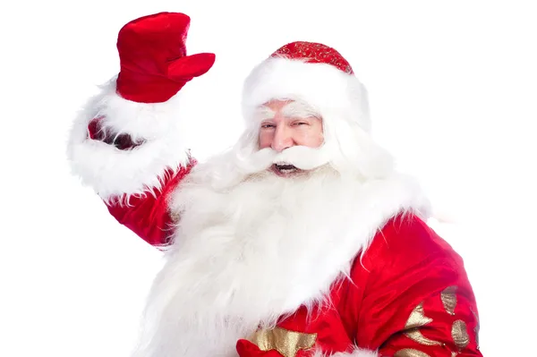 Санта-Клауса, вказуючи його рука ізольовані шпалерами білого кольору. — стокове фото