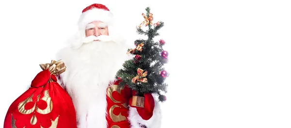 Рождественская тема: Санта-Клаус держит елку и его сумка — стоковое фото