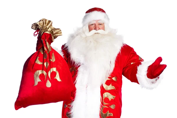 Noel Baba ayakta çantası dolu beyaz zemin üzerine — Stok fotoğraf