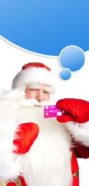 Traditional Santa Claus holding and sowing credit card while giv clipart