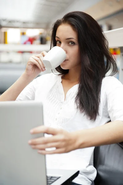 Portrait of a beautiful young woman working on laptop and drinki — Stock Photo, Image