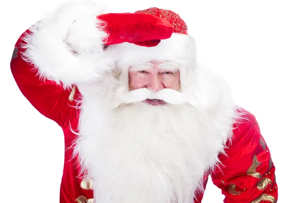 Traditional Santa Claus looking for children and holding his han — Stock Photo, Image