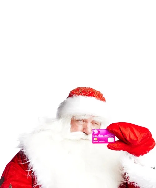 Hagyományos santa claus üzem és a vetés közben giv hitelkártya — Stock Fotó