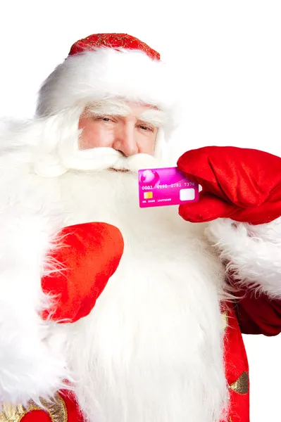 Traditionella jultomten anläggning och sådd kreditkort medan giv — Stockfoto