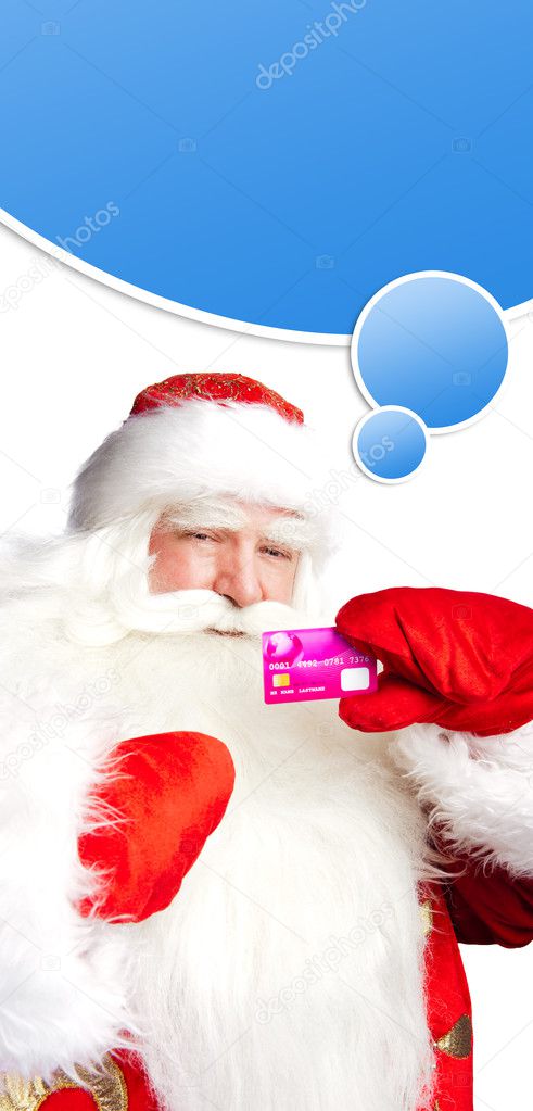 Traditional Santa Claus holding and sowing credit card while giv