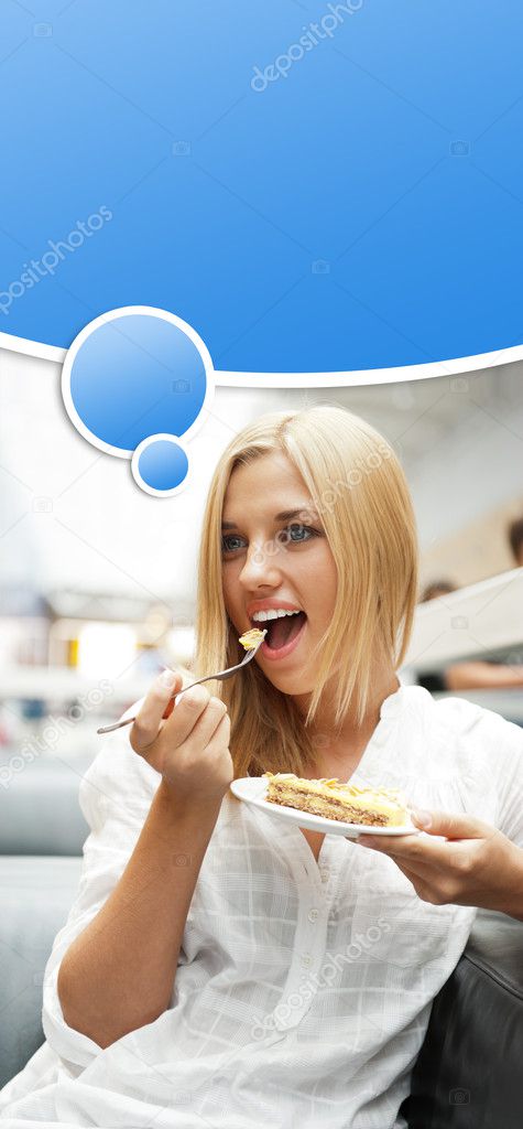Portrait of young pretty smiling woman eating cake at shopping m