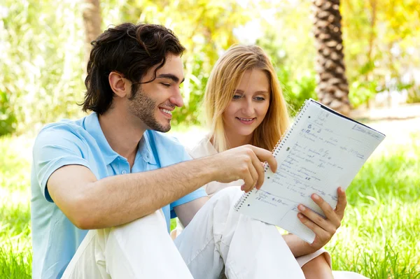 Feliz pareja de estudiantes con un cuaderno sentado en la hierba en cam — Foto de Stock