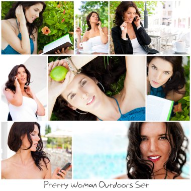 Set of different photo. Young pretty woman lifestyle. One model clipart