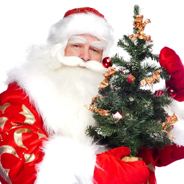 Tema de Natal: Papai Noel segurando árvore de Natal e sua bolsa — Fotografia de Stock