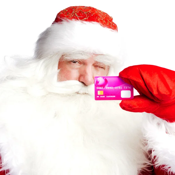 Geleneksel Noel Baba holding ve kredi kartı giv ise Ekim — Stok fotoğraf