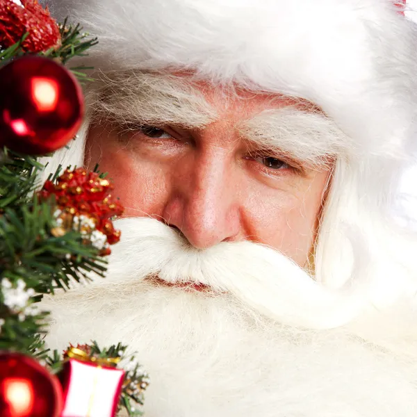 Tema de Navidad: Santa Claus sosteniendo el árbol de Navidad y su bolso — Foto de Stock