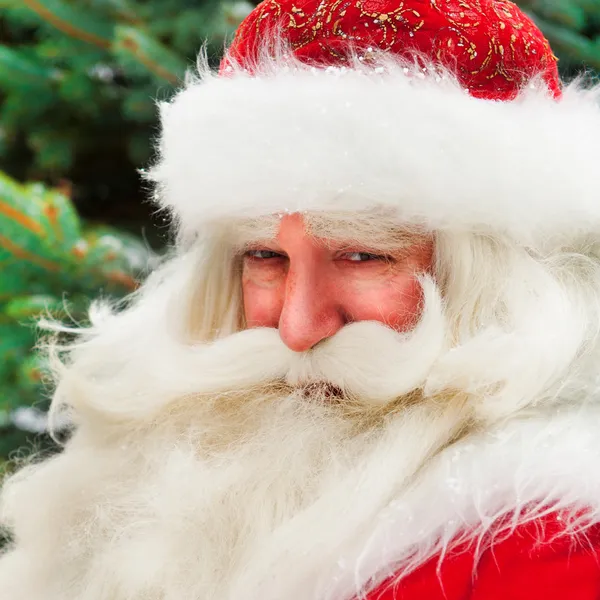 Papai Noel retrato sorrindo contra árvore de natal ao ar livre em s — Fotografia de Stock