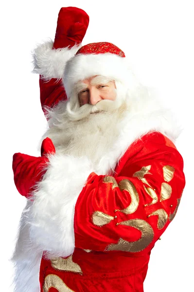 Père Noël pointant sa main isolée sur blanc . — Photo