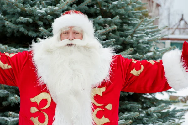 Portrait du Père Noël debout avec les mains ouvertes à l'extérieur à chr — Photo