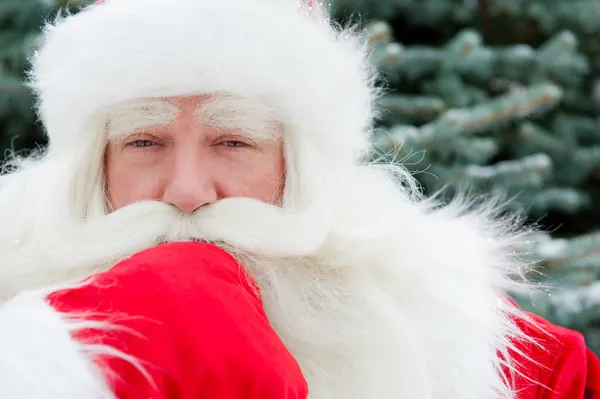 Retrato de Papai Noel de pé com a mão no queixo ao ar livre em c — Fotografia de Stock