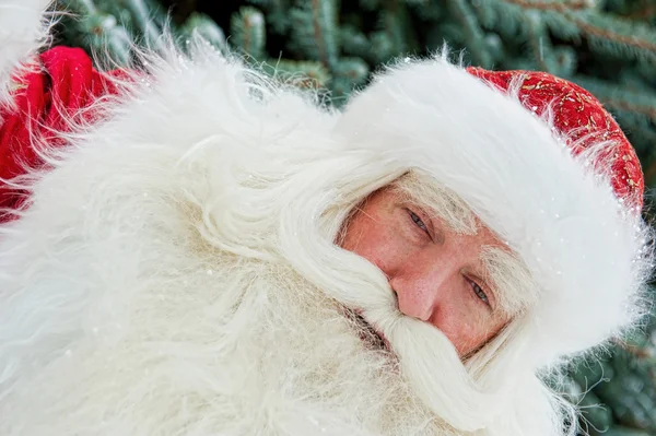 Retrato de Santa Claus de pie con la mano en la barbilla al aire libre en c —  Fotos de Stock