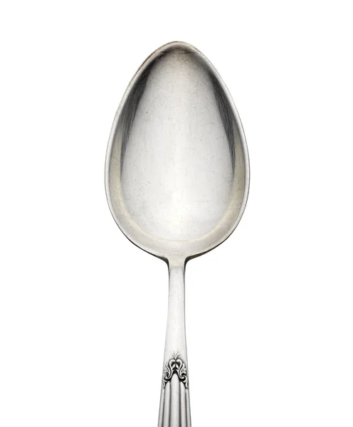 Old silver spoon with ornament isolated on white background — Stock Photo, Image