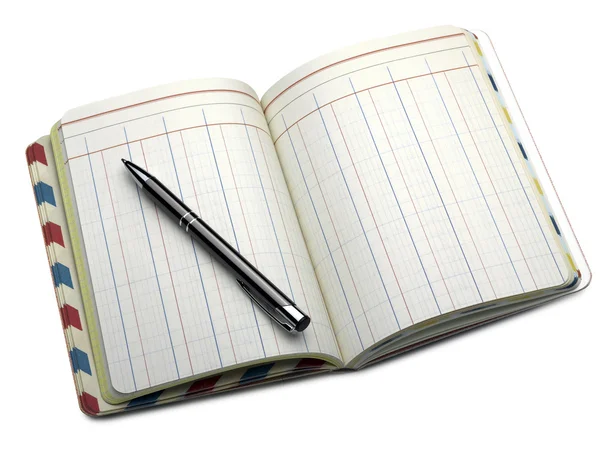 Livro de notas abertas com páginas alinhadas e caneta esferográfica — Fotografia de Stock