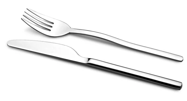 Плоский посуд на білому тлі. Вилка і ніж . — стокове фото