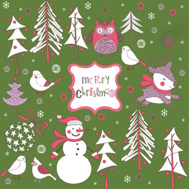 Christmas forest with birds deer and snowman clipart